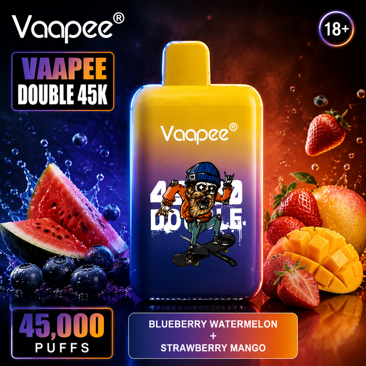 VAAPEE DOUBLE 45K Blueberry Watermelon + Strawberry Mango display artwork